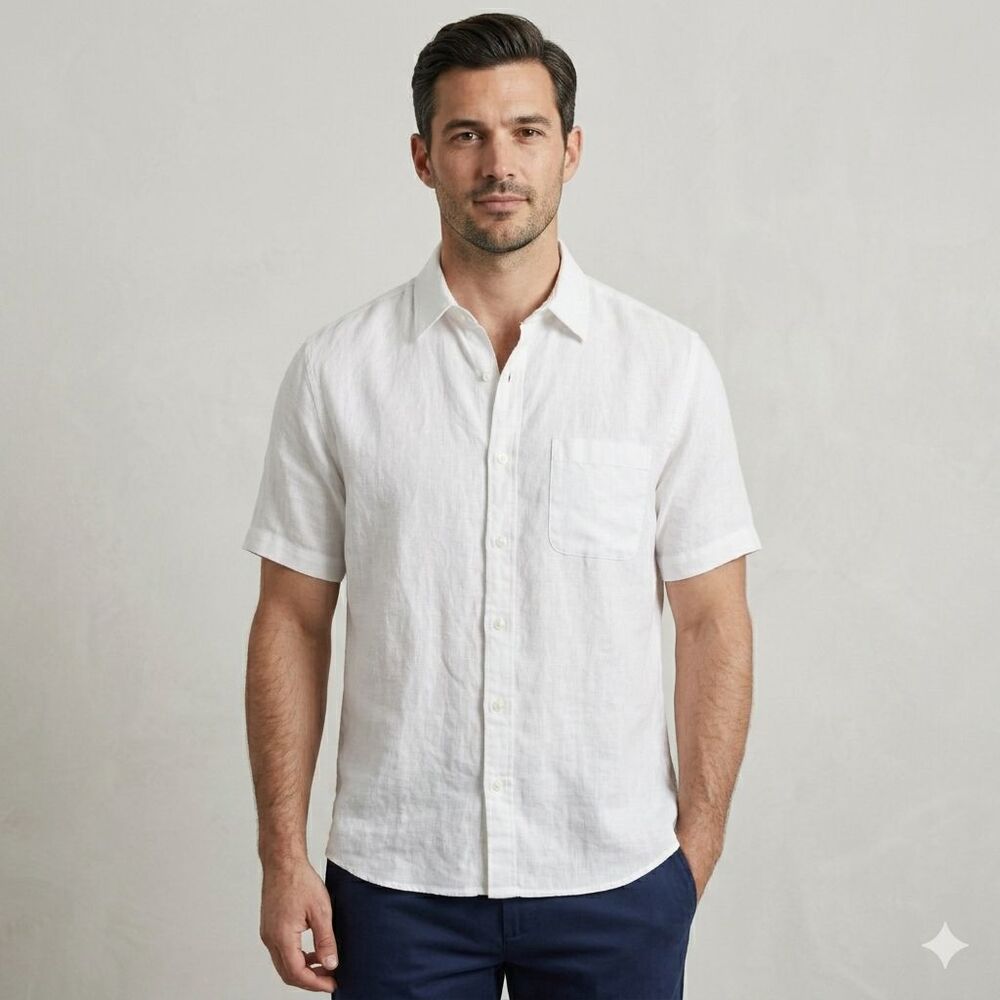 LL Bean 100% Linen Shirt Mens Large White Short Sleeve Resort Button Up